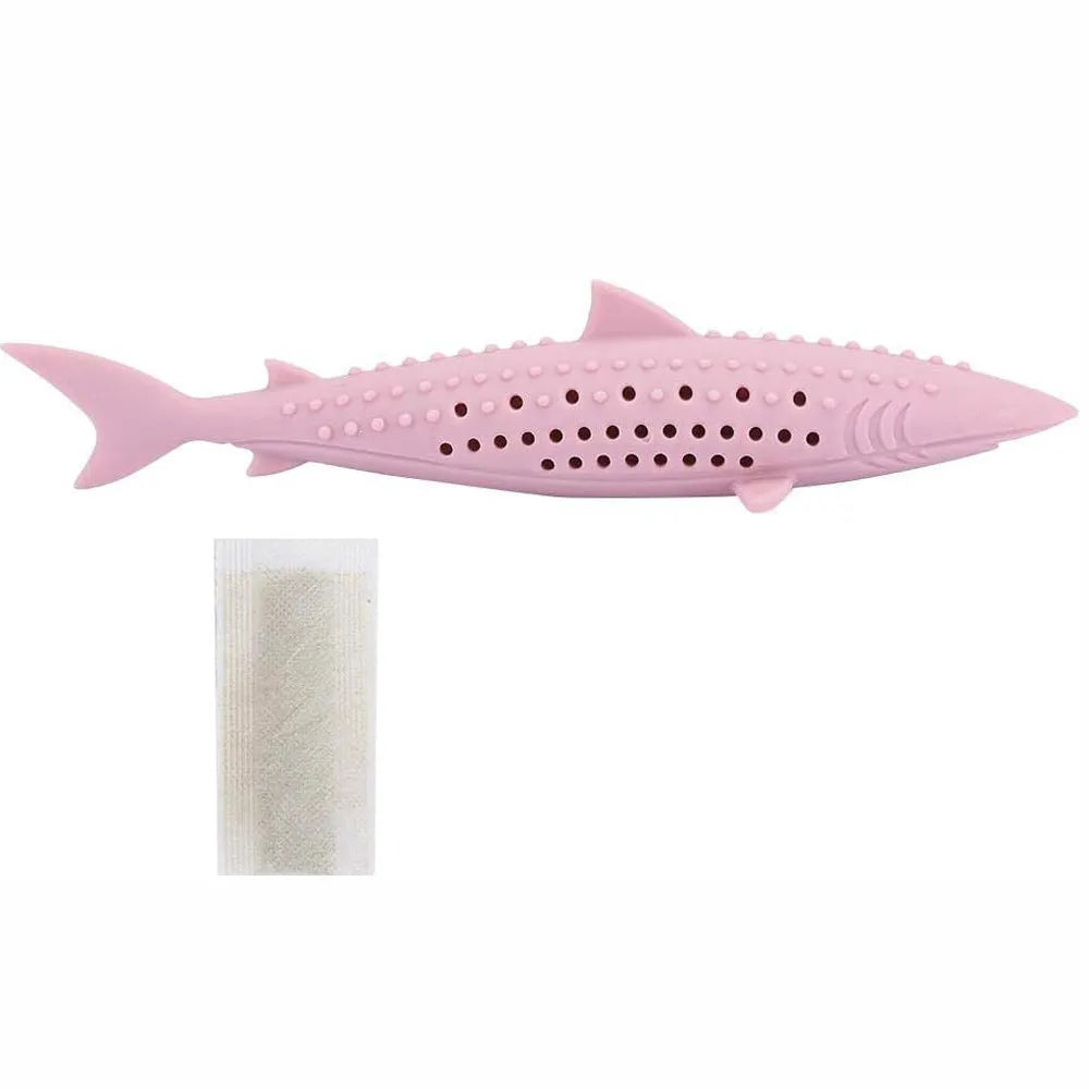 Green dolphin-shaped silicone cat chew toy with breathable side holes for catnip scent release