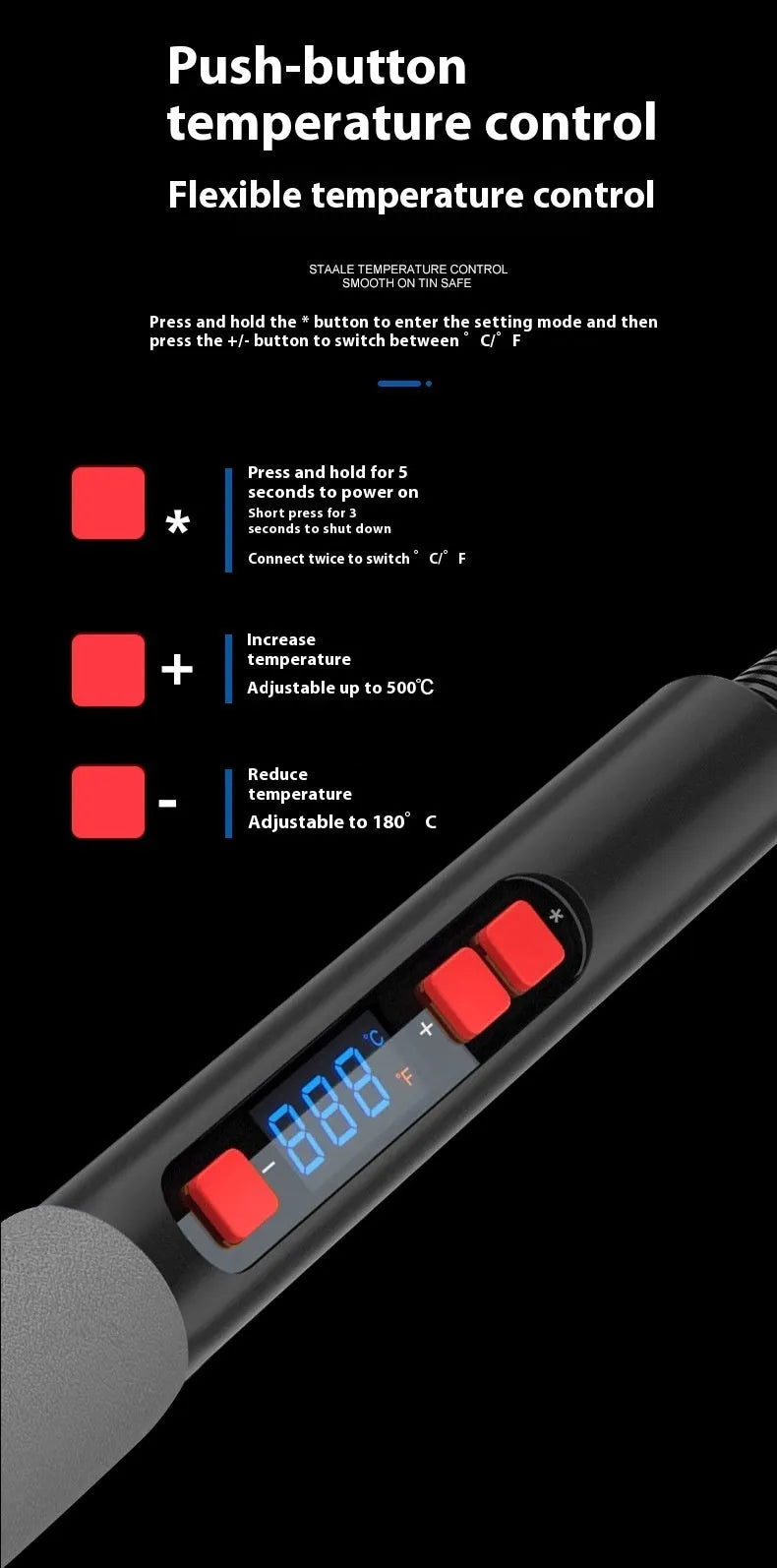Grey 90W electric soldering iron kit with ceramic heating core and five tips