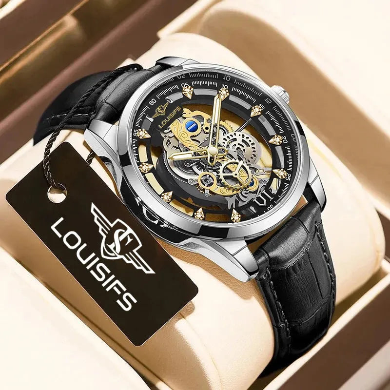 Men's Swiss quartz business watch with 12mm case and leather strap in three colour options