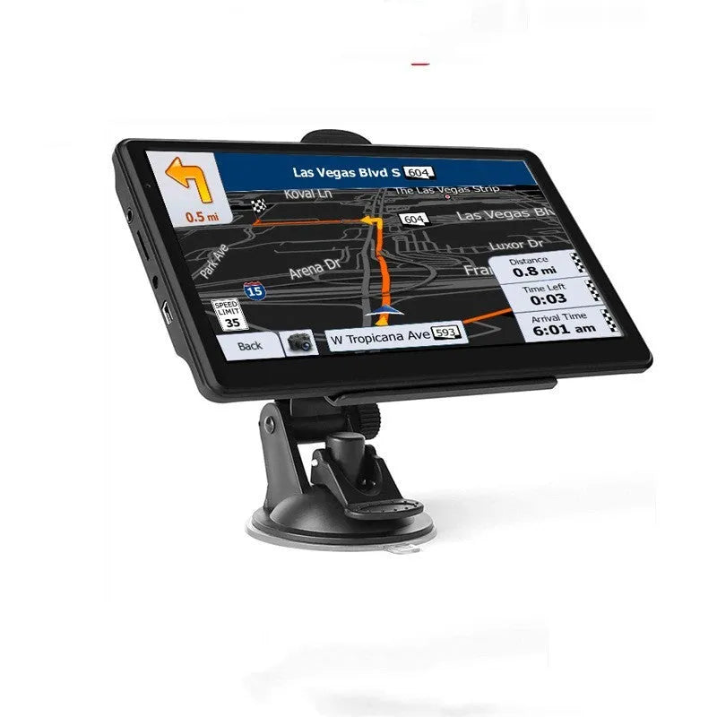 Car GPS navigation device with 7-inch HD screen on dashboard, showing map of Europe