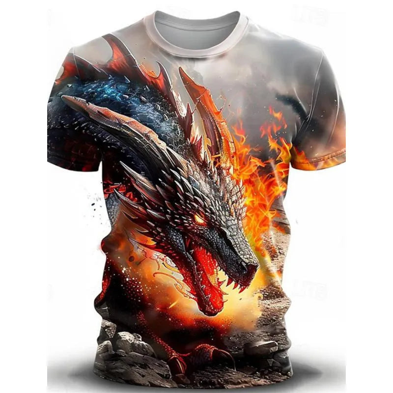 Men's 3D wind dragon printed short-sleeved T-shirt in milk silk fabric, sizes S to 5XL