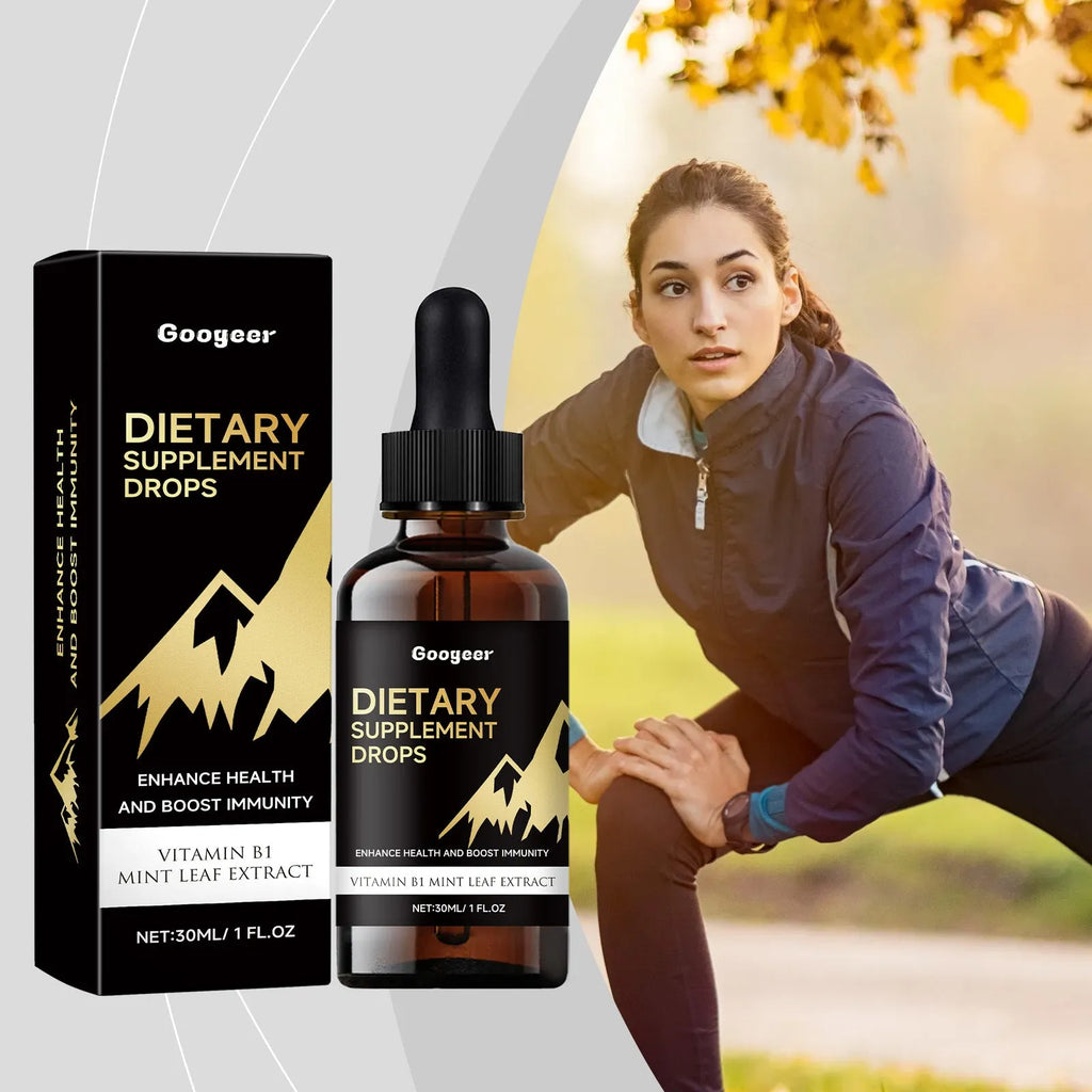 Bottle of dietary supplement liquid drops with a separate measured dropper for dosage.