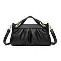 Leather niche pleated shoulder crossbody bag in black with horizontal square shape, multiple interior pockets and soft composite leather.