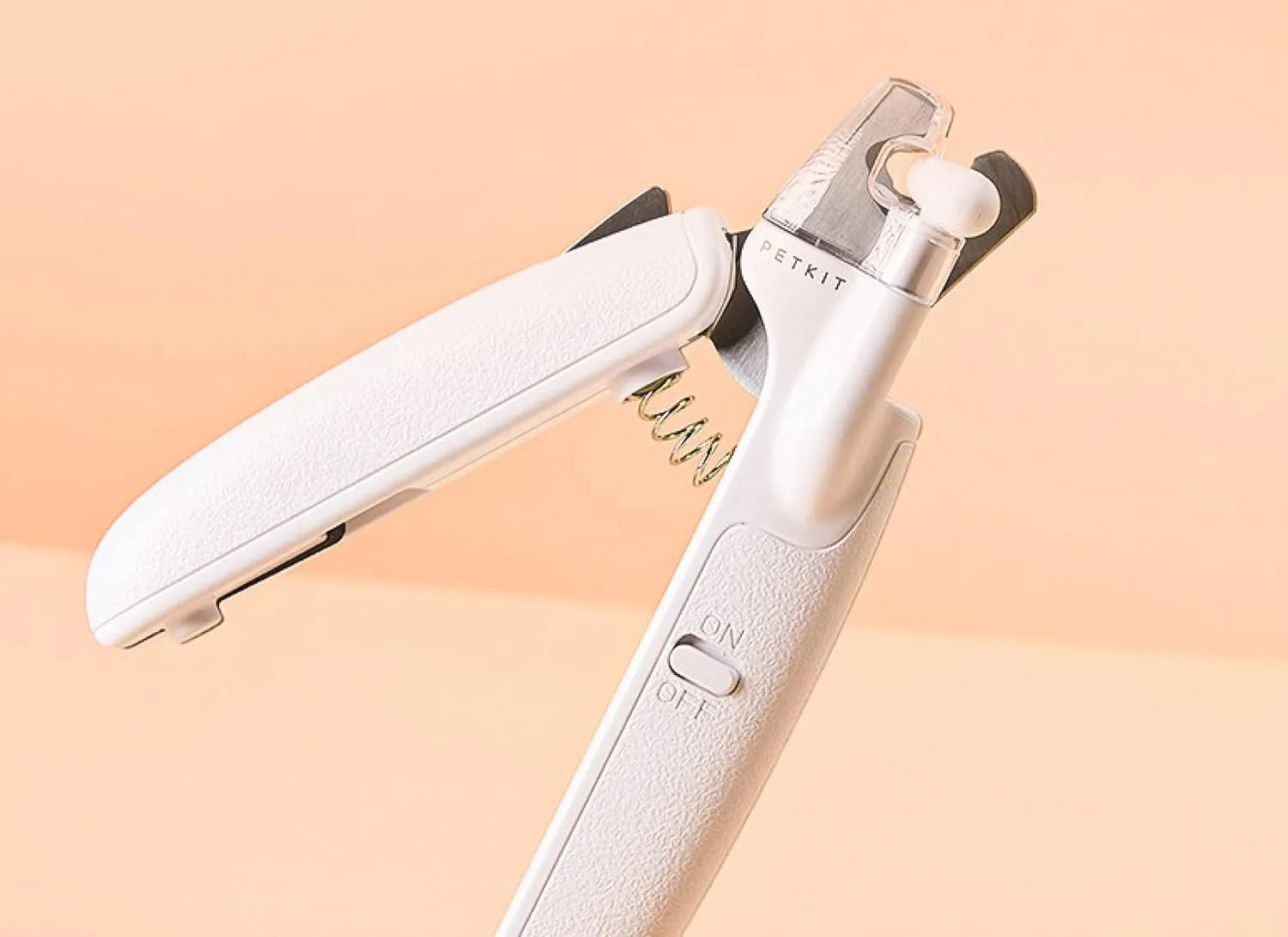 White LED pet nail clippers with transparent baffle and file, 14.8cm long