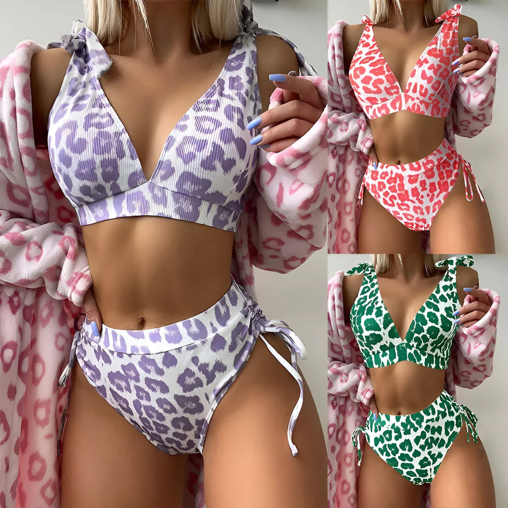 Women's purple leopard print swimsuit with lace-up chest detail and high-waist shorts