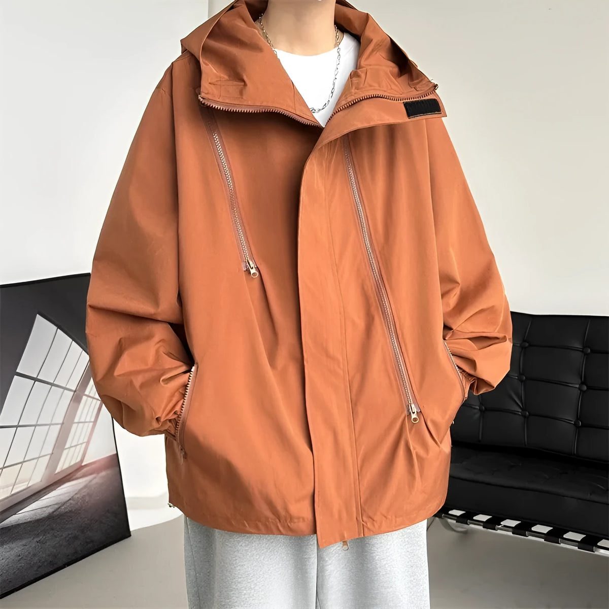 Men's waterproof windproof shell jacket in black, apricot, red or brown, long sleeve, side seam pockets, sizes M to 5XL