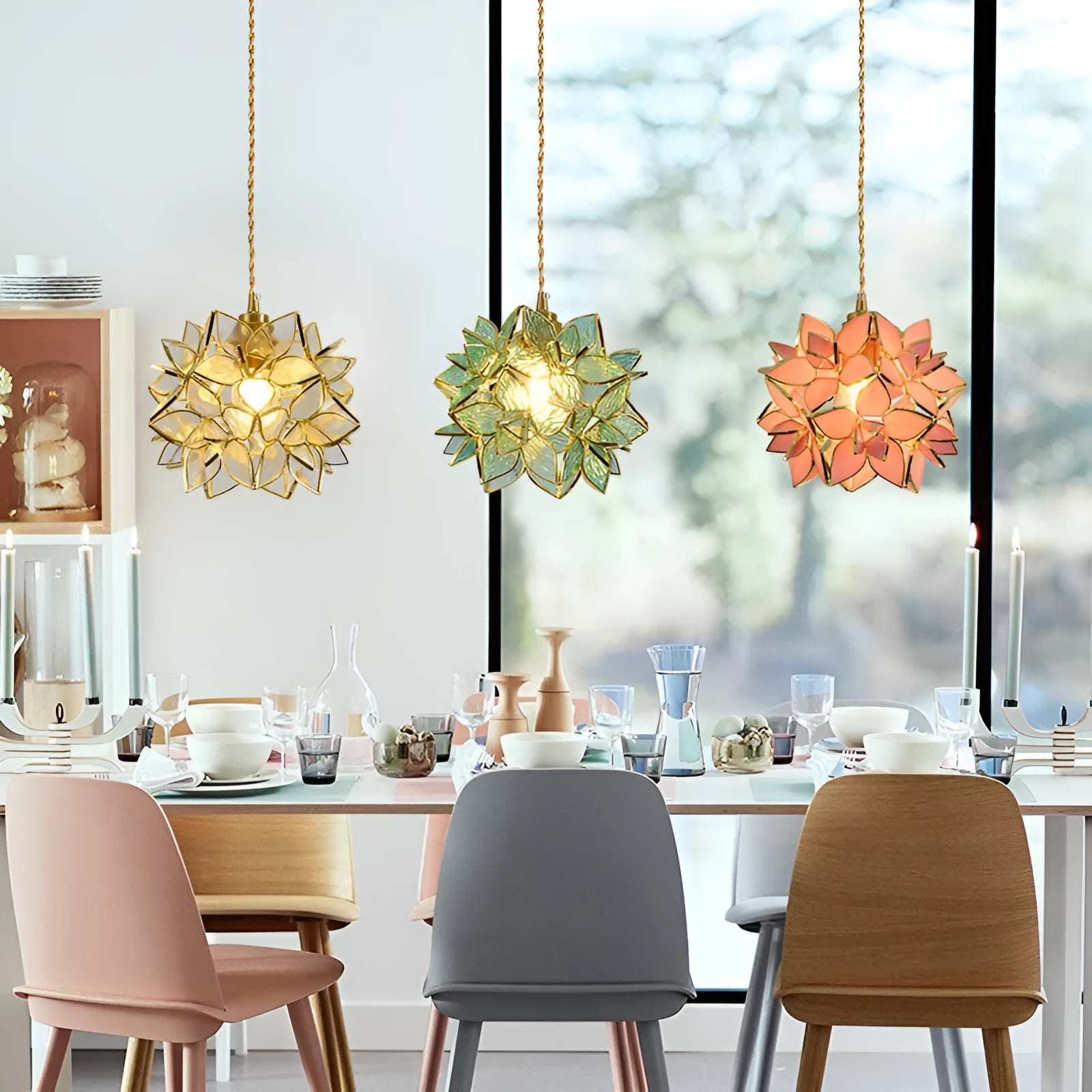 Stained glass hanging chandelier with copper lamp heads showing coloured glass shade options