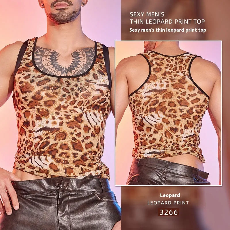 Leopard print mesh men's lingerie top with high elasticity nylon fabric