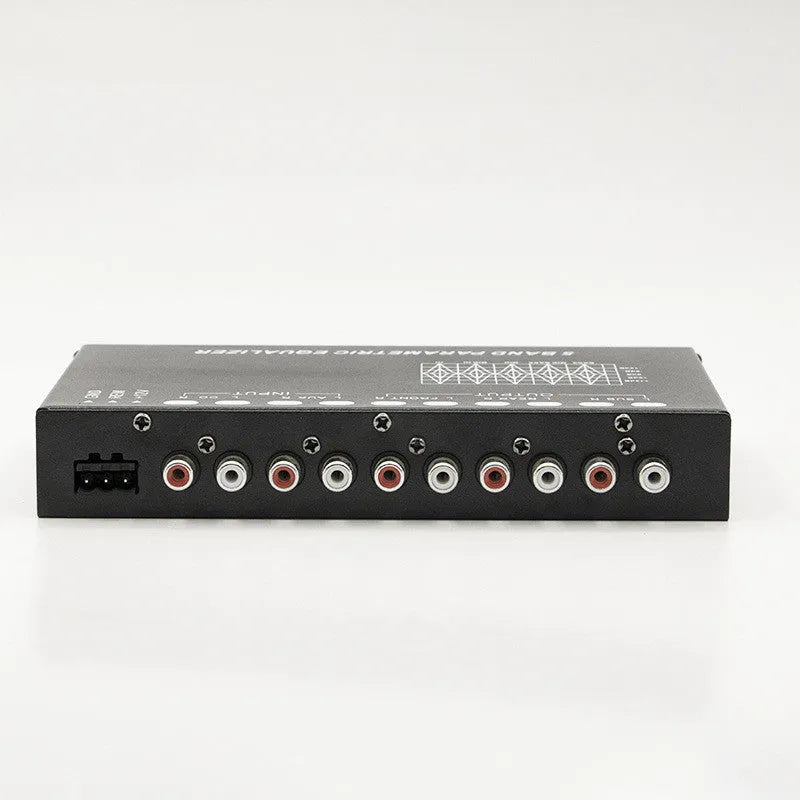 Car audio EQ tuning frequency division amplifier with control knobs for seven-band frequency adjustment and volume controls