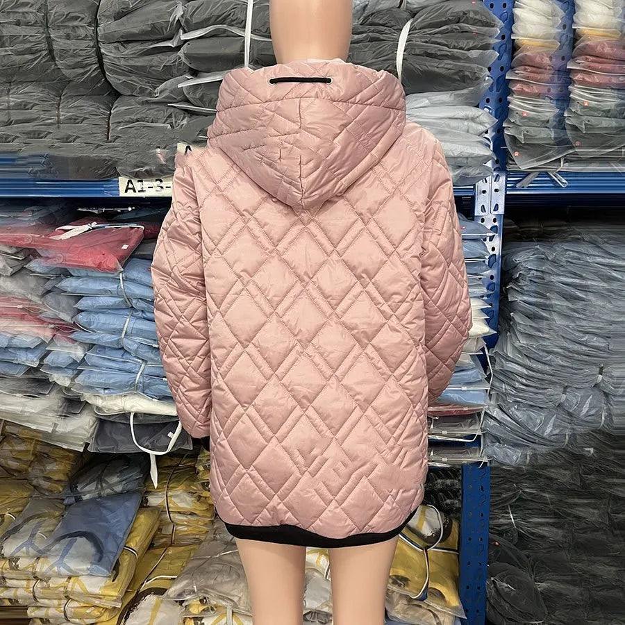 Women's hooded casual coat in black or pink colour made from polyester fabric