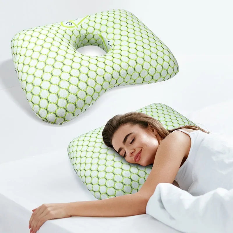 Beauty salon single hole ear pillow showing 39x28x6cm dimensions with central aperture for ear pressure relief