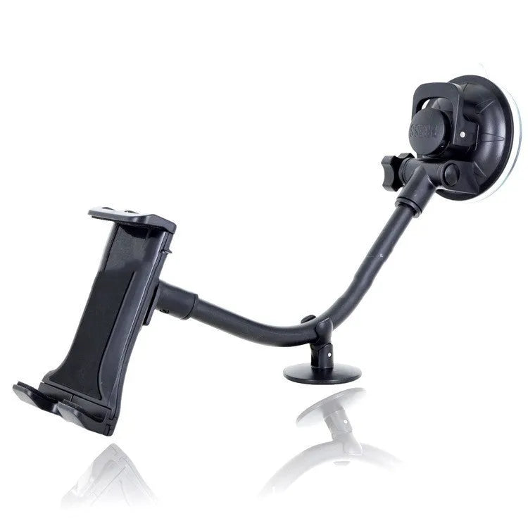 Black vehicle-mounted tablet holder with adjustable suction cup for 4-12 inch devices on car dashboard