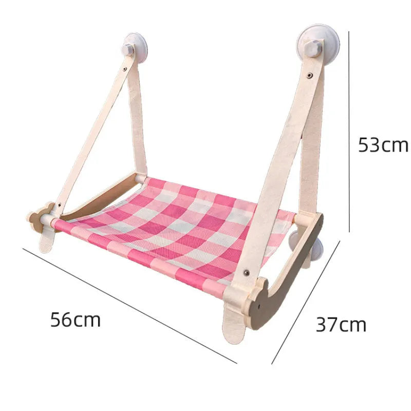 Wooden cat window hammock bed with suction cups mounted on glass, linen mat in green colour