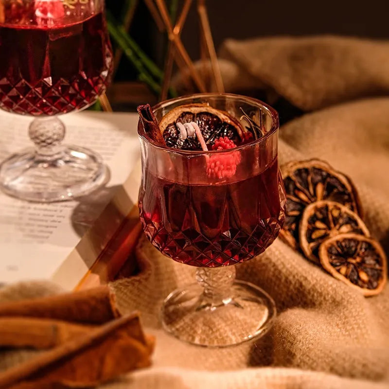 Glass wine goblet scented candle with crystal-style design and French mulled wine fragrance