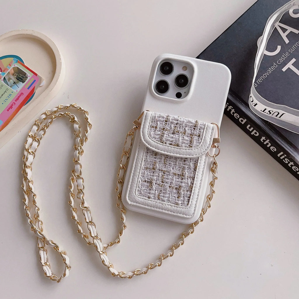 Crossbody chain card holder phone case in PU leather with frosted finish, shown in black, green, purple, white