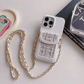 Crossbody chain card holder phone case in PU leather with frosted finish, shown in black, green, purple, white
