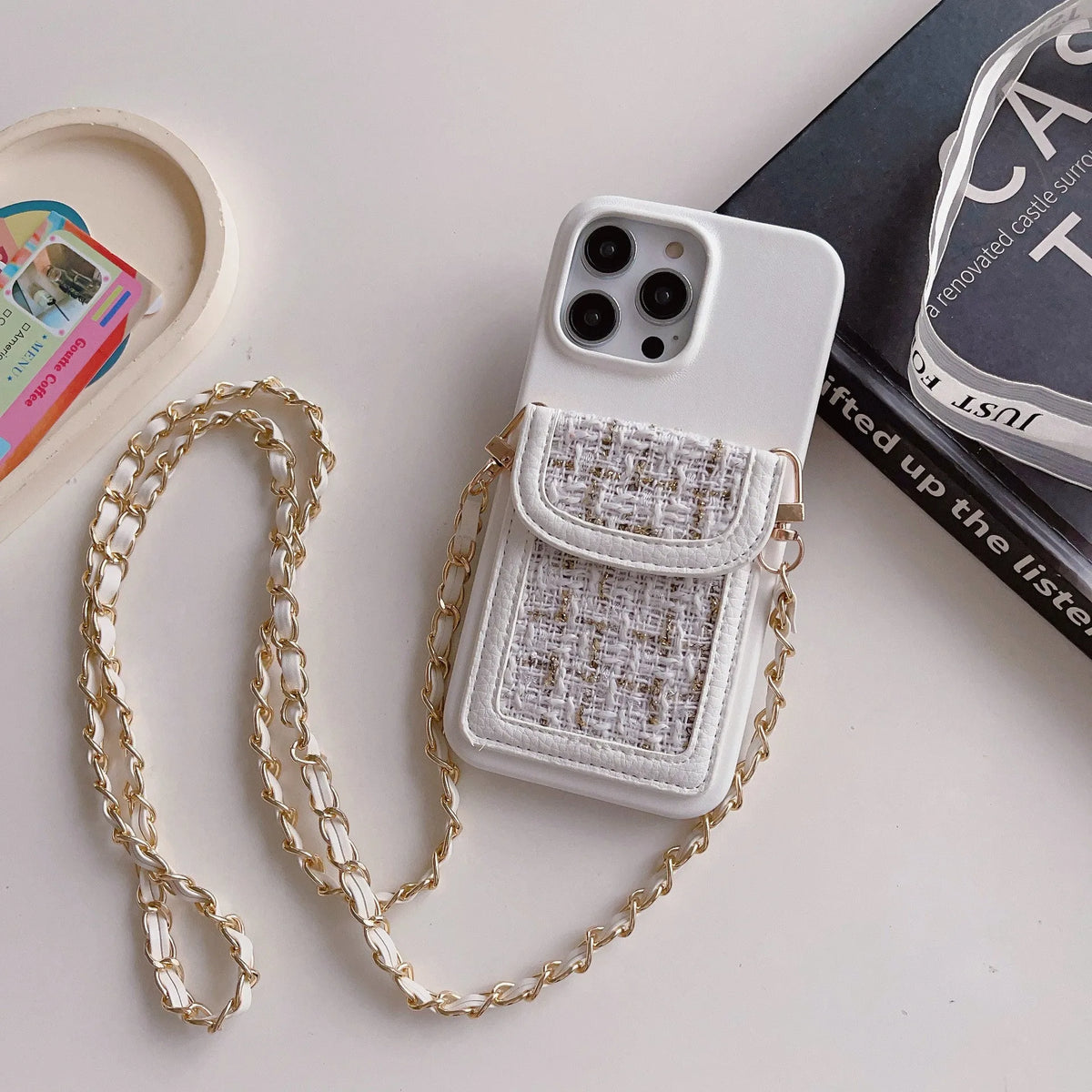 Crossbody chain card holder phone case in PU leather with frosted finish, shown in black, green, purple, white