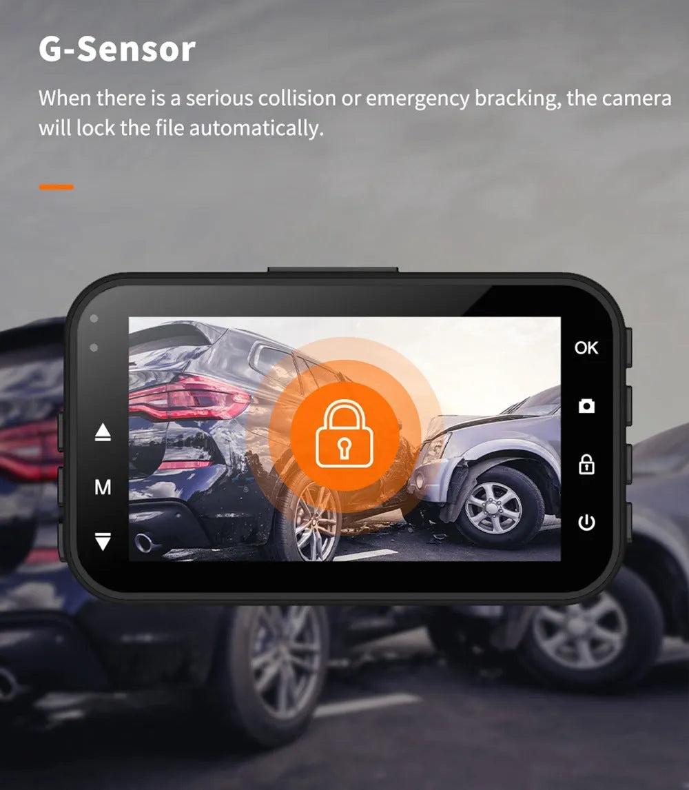 ThiEYE front and rear dash cam with 3-inch screen, suction cup mount, car charger, and waterproof rear camera