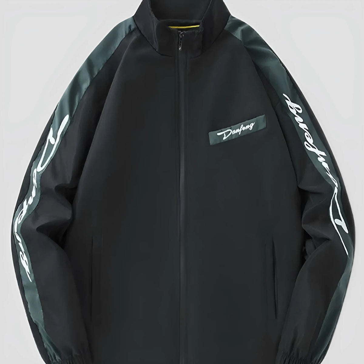 Men's thin loose all-match long sleeve coat with polyester lining, shown in white, dark green, and black, sizes M to 4XL