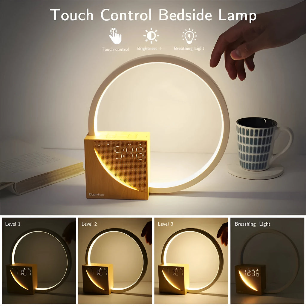 Touch control bedside lamp with alarm clock and natural sounds in navy blue finish