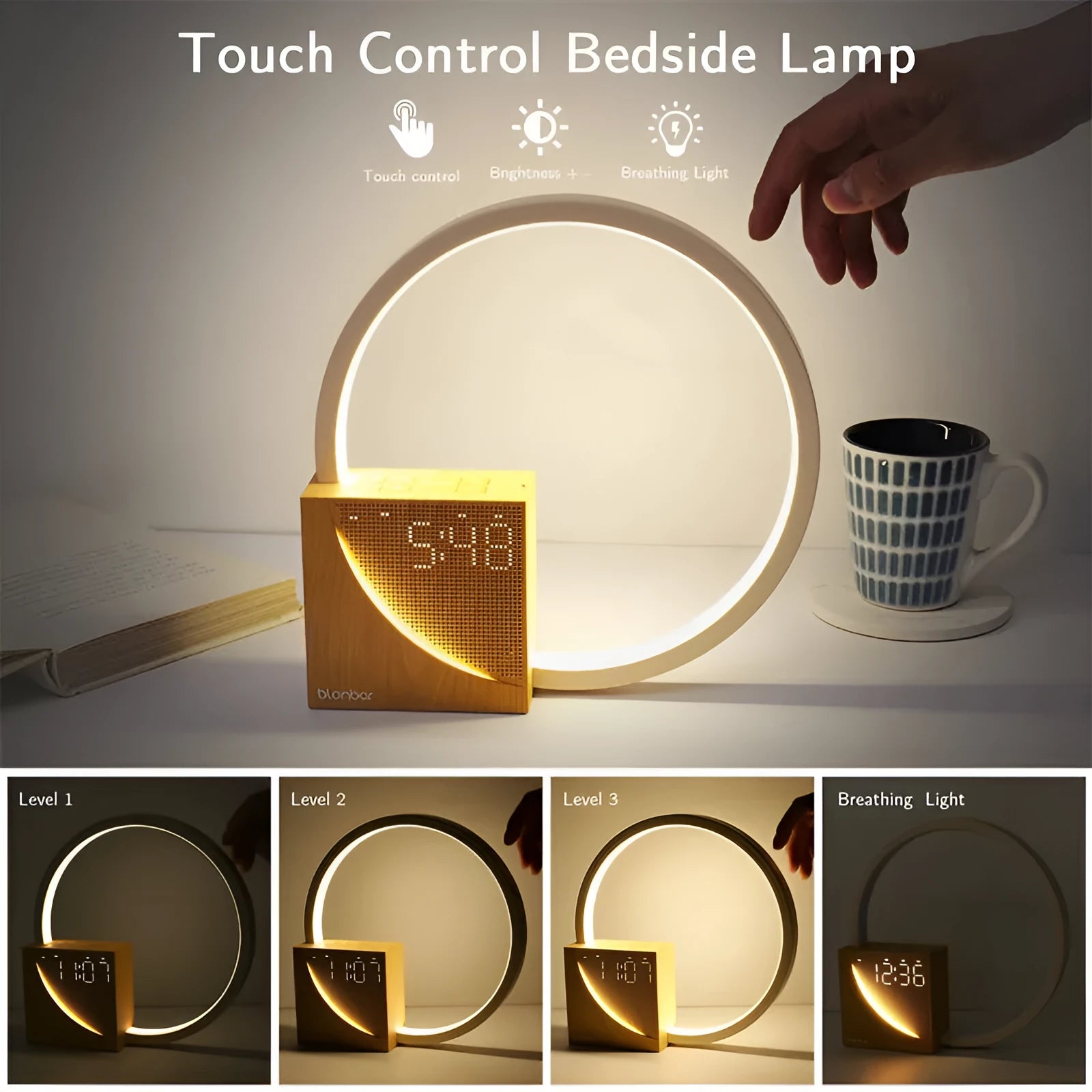 Touch control bedside lamp with alarm clock and natural sounds in navy blue finish