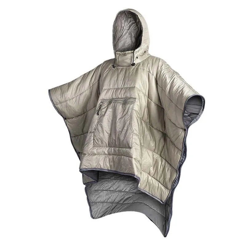 Outdoor cloak sleeping bag convertible between wearable cape and 200x140cm flat blanket configurations