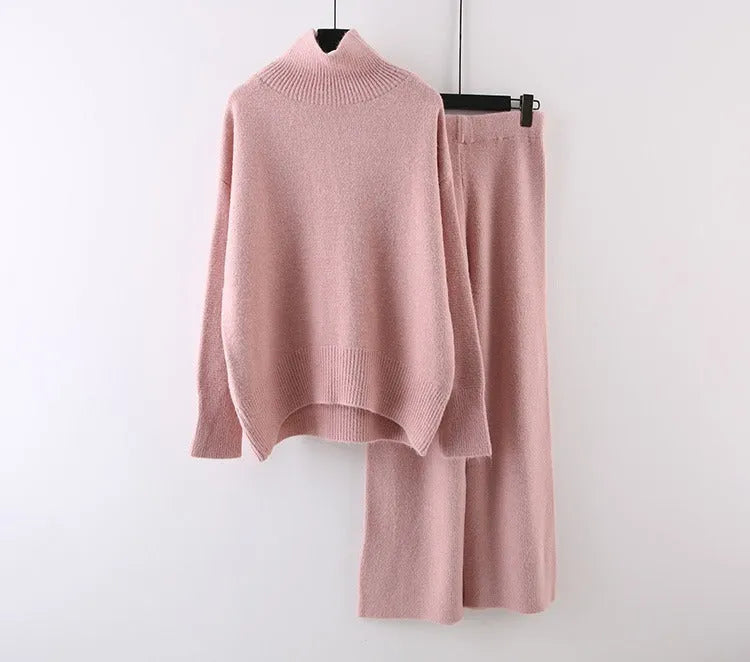 Women's acrylic fibre two-piece set with sweater and wide-leg trousers in solid colour for office commuting