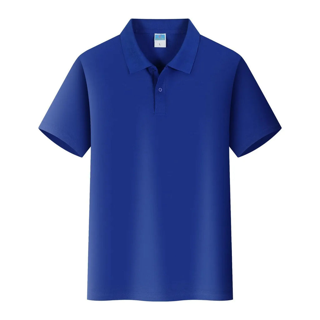 Men's short-sleeved cotton pullover work shirt in straight cut, showing colour options like navy blue and size range