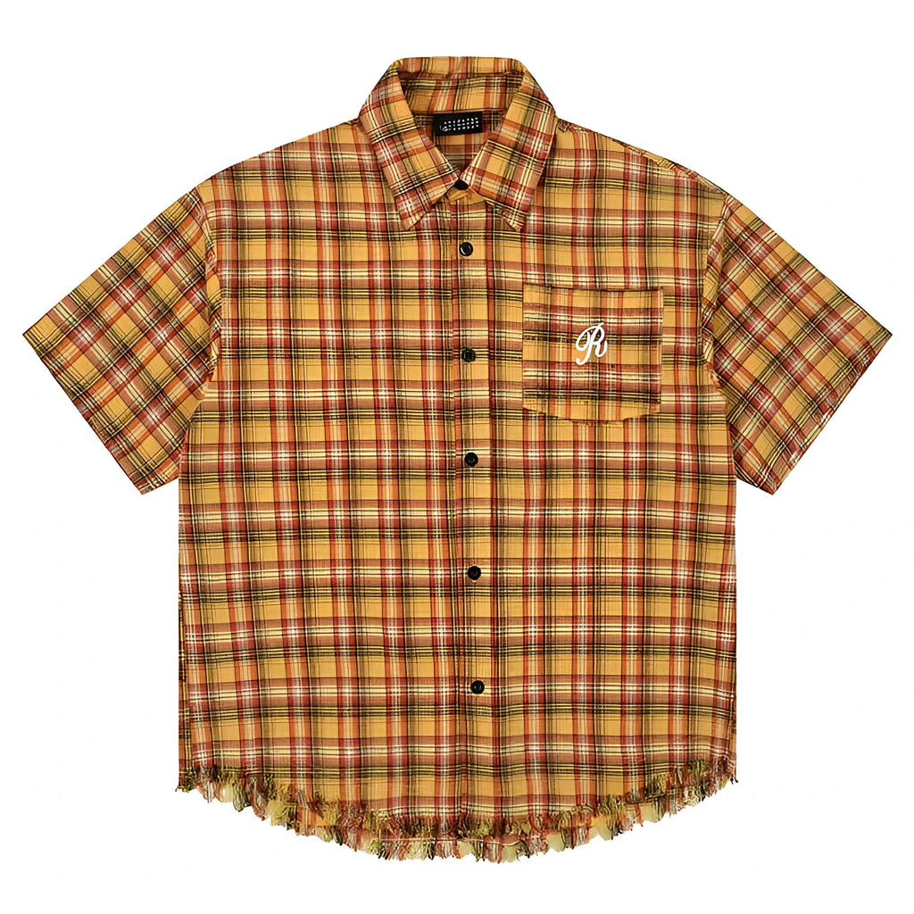 Yellow grid plaid short sleeve shirt with American embroidery pocket, loose fit for men and women