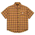 Yellow grid plaid short sleeve shirt with American embroidery pocket, loose fit for men and women