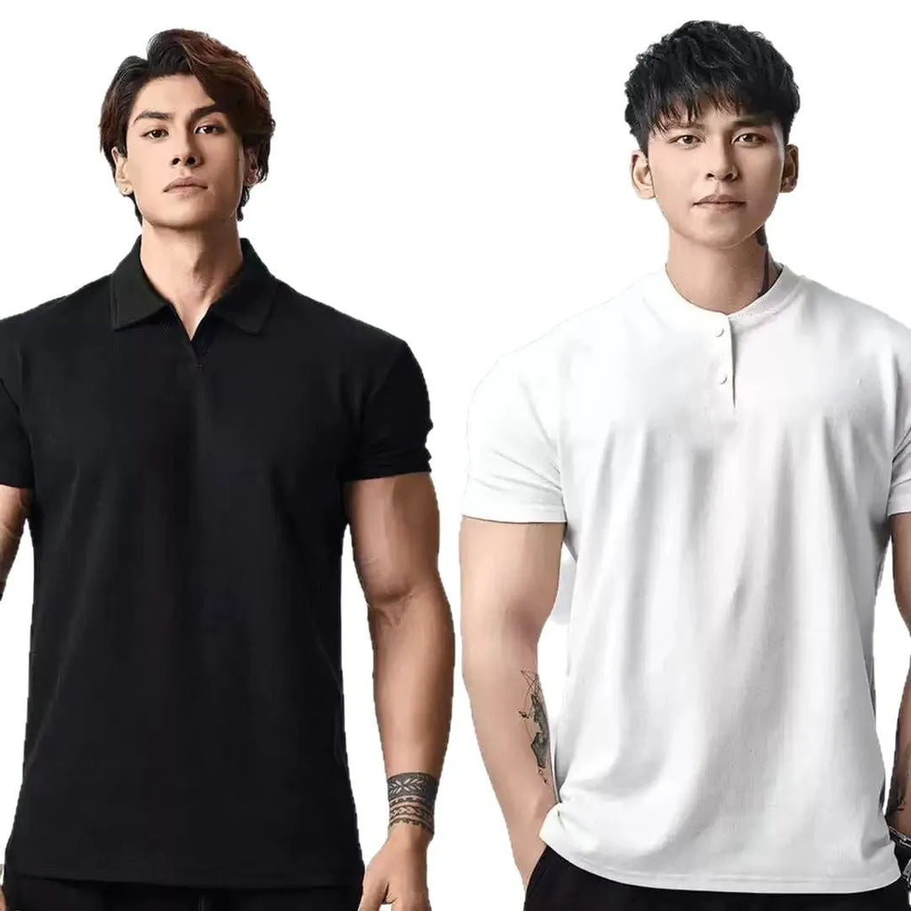 Men's loose fit solid colour t-shirt showing Henry collar and polo collar style options in white, black, grey.