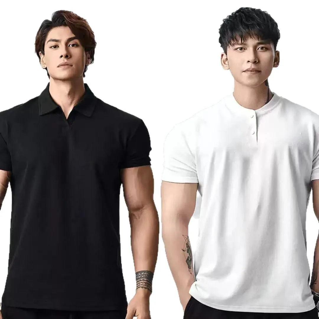 Men's loose fit solid colour t-shirt showing Henry collar and polo collar style options in white, black, grey.