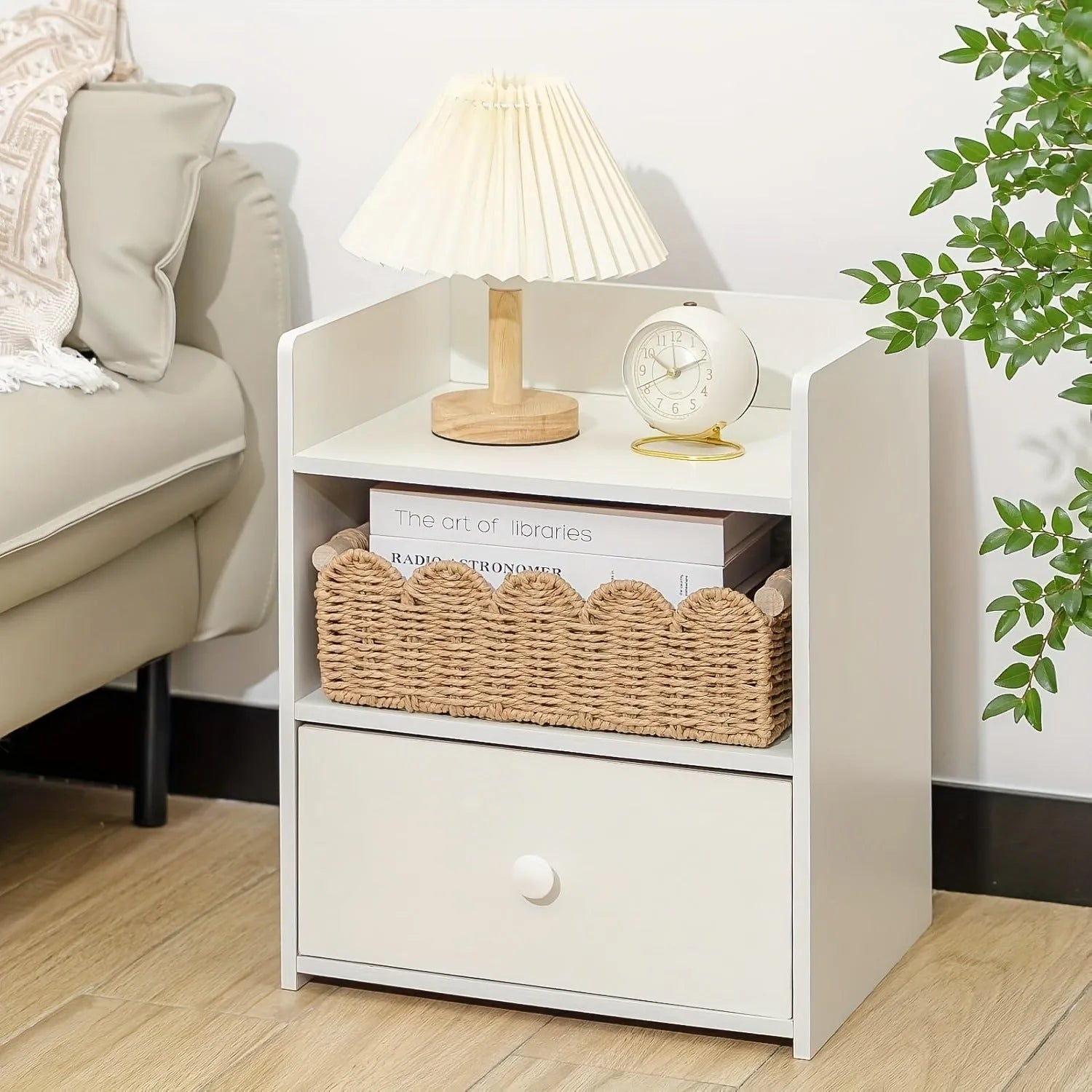 Woven paper storage basket in khaki colour on desktop with remote controls and stationery inside, dimensions 35.5cm x 16cm x 10cm