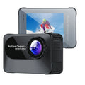 Black touchscreen sports action camera with 170 degree wide angle lens showing compact dimensions