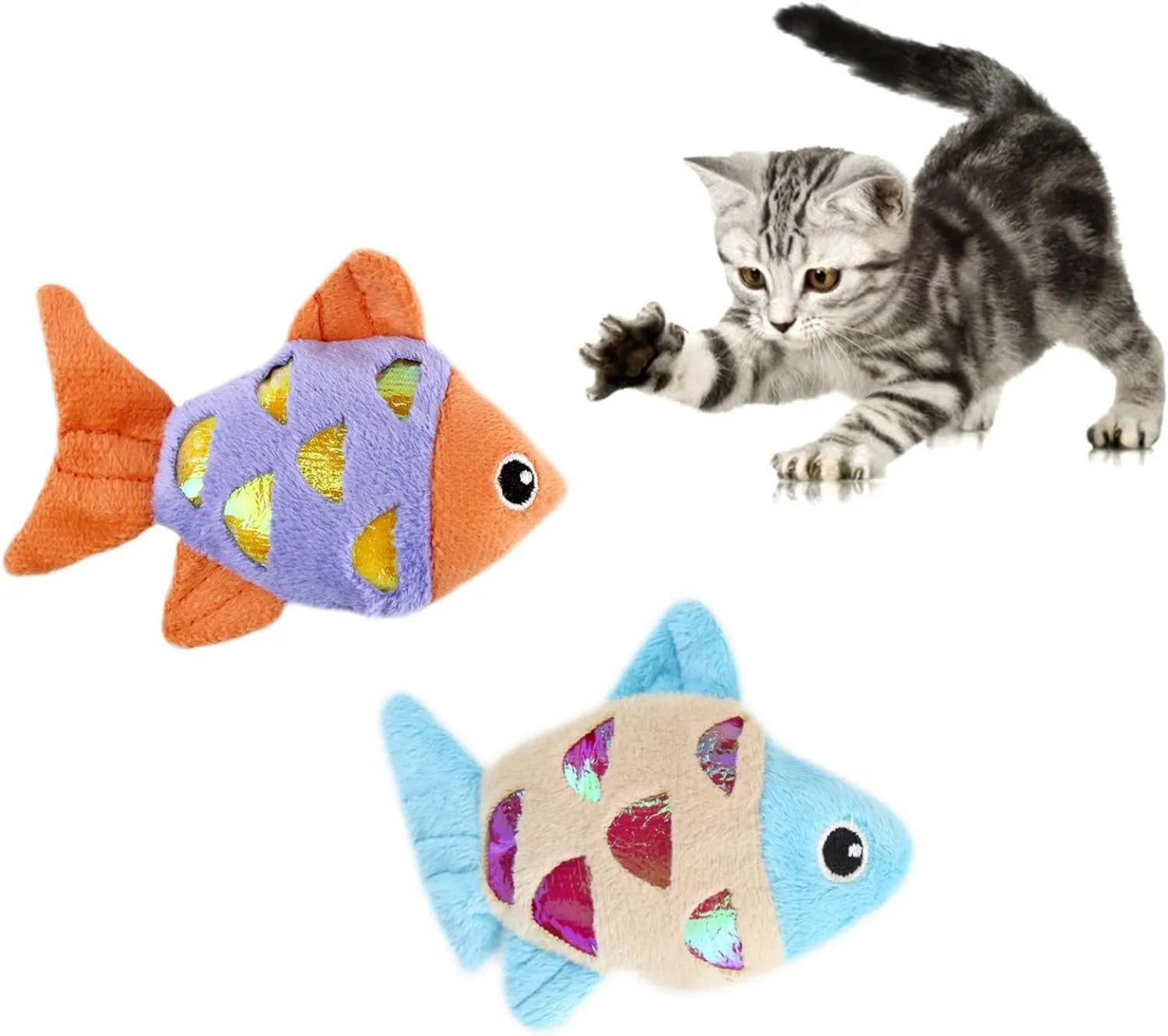 Two fish-shaped catnip plush toys with crinkle paper sound layer in blue, orange, and pink colour options