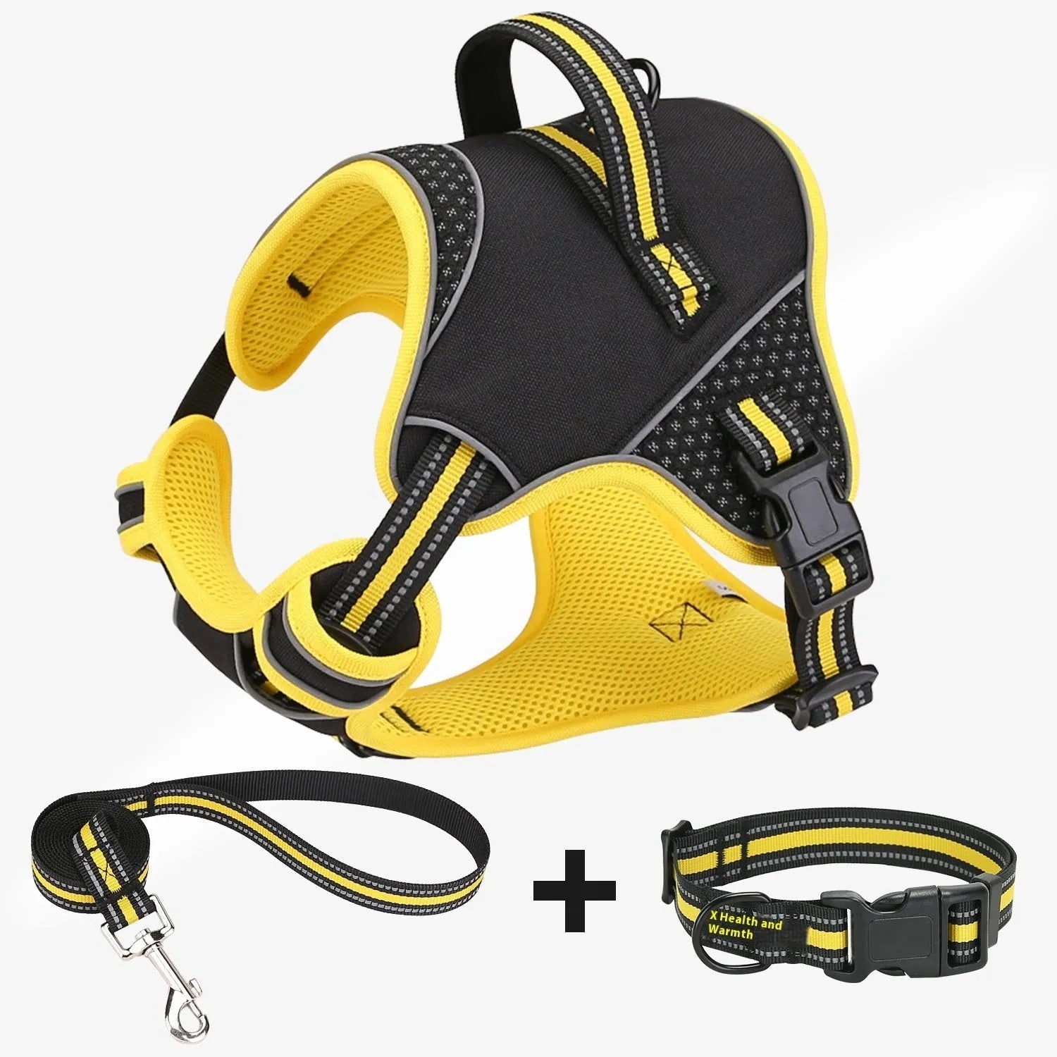 Yellow polyester dog harness and traction strap set shown with anti-breaking design for outdoor training