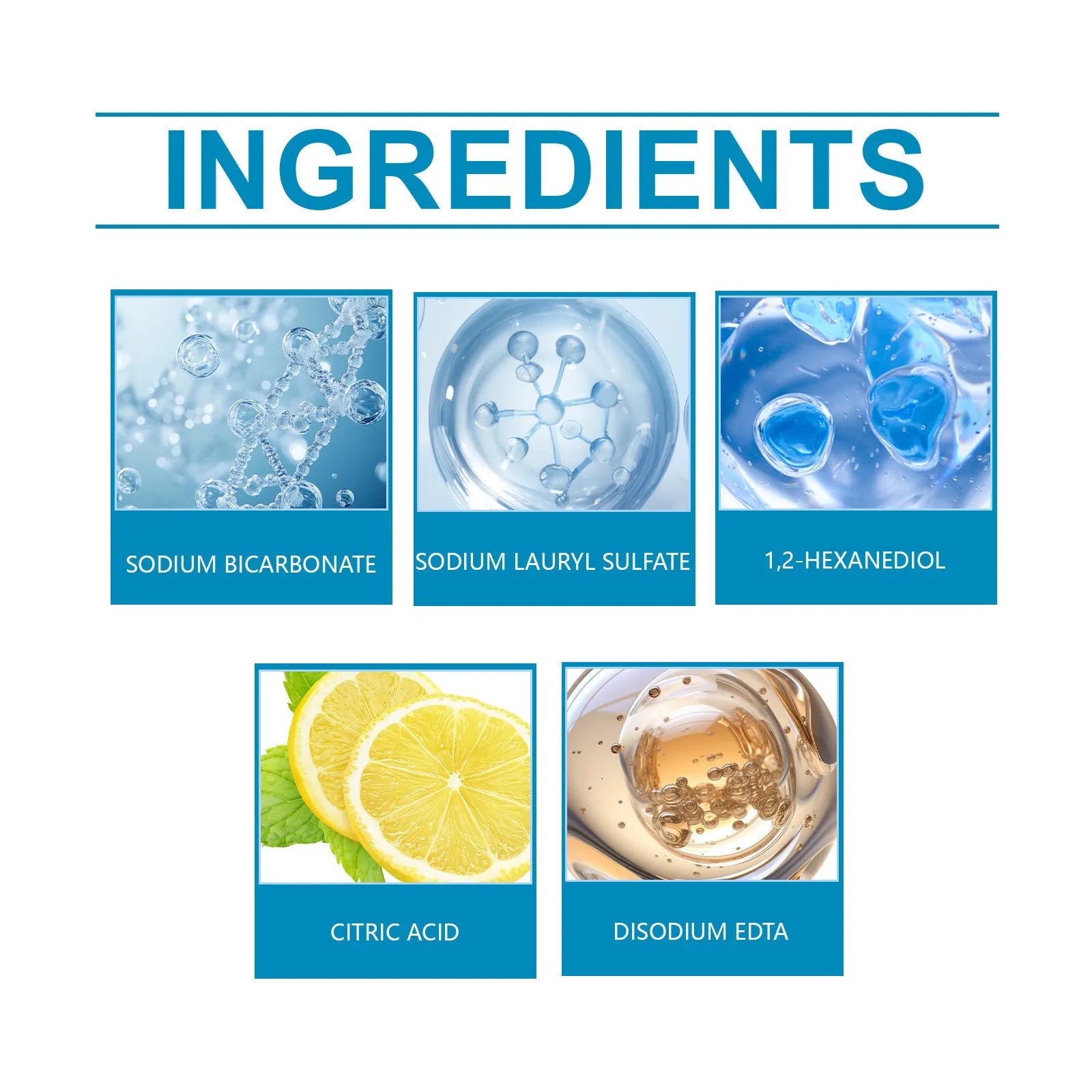 Four 30g sachets of toilet cleaning powder showing ingredients including sodium bicarbonate and citric acid