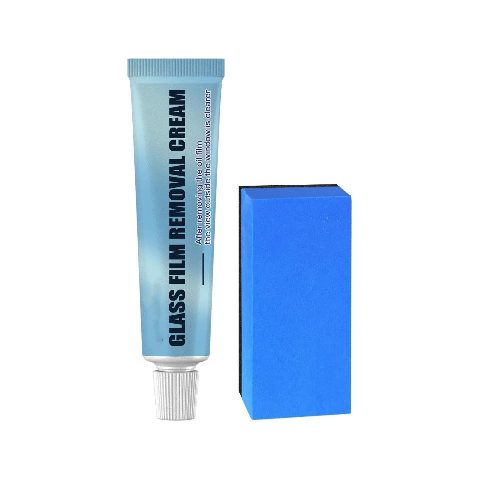 Blue car glass oil film remover with sponge applicator, product measures 13.7cm long