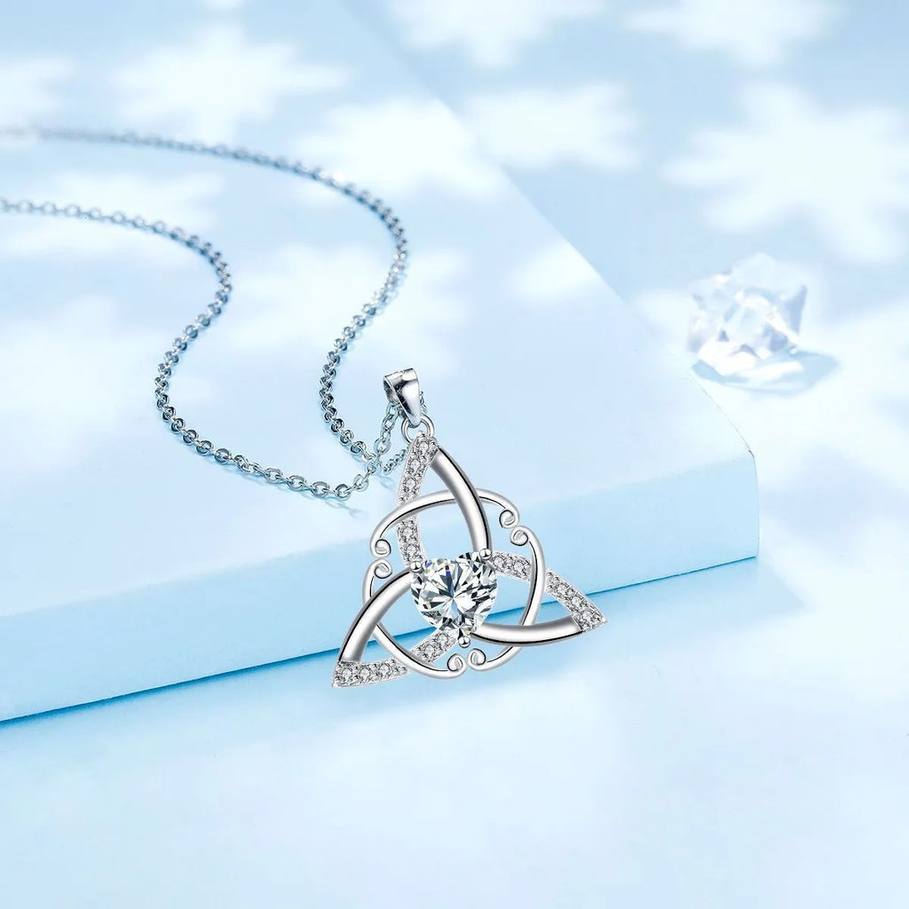 A geometry-shaped Celtic knot pendant necklace for women in an electroplated copper finish.