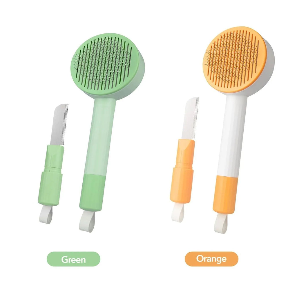 Green and yellow 2-in-1 pet grooming brush with stainless steel brush and hanging design
