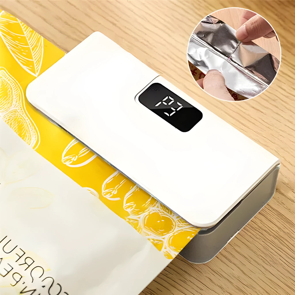 Small white portable heat sealing machine for plastic food bags on a kitchen counter.