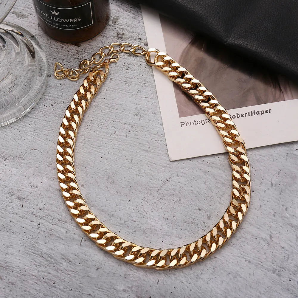Gold electroplated women's chain necklace showing 32cm length and 6cm width with alloy construction