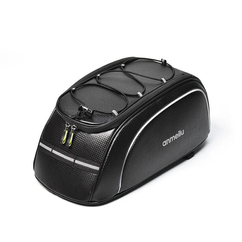 Black waterproof bicycle rear rack bag with 8-litre capacity on bike rack