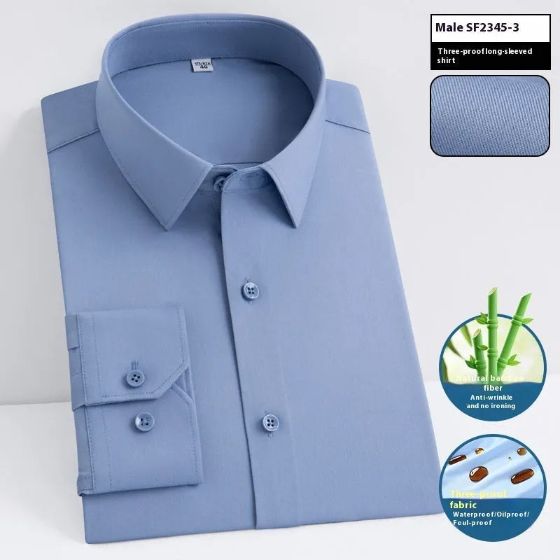 Men's bamboo fibre business shirt with square collar and long sleeves in slim fit, showing waterproof and stain-resistant properties