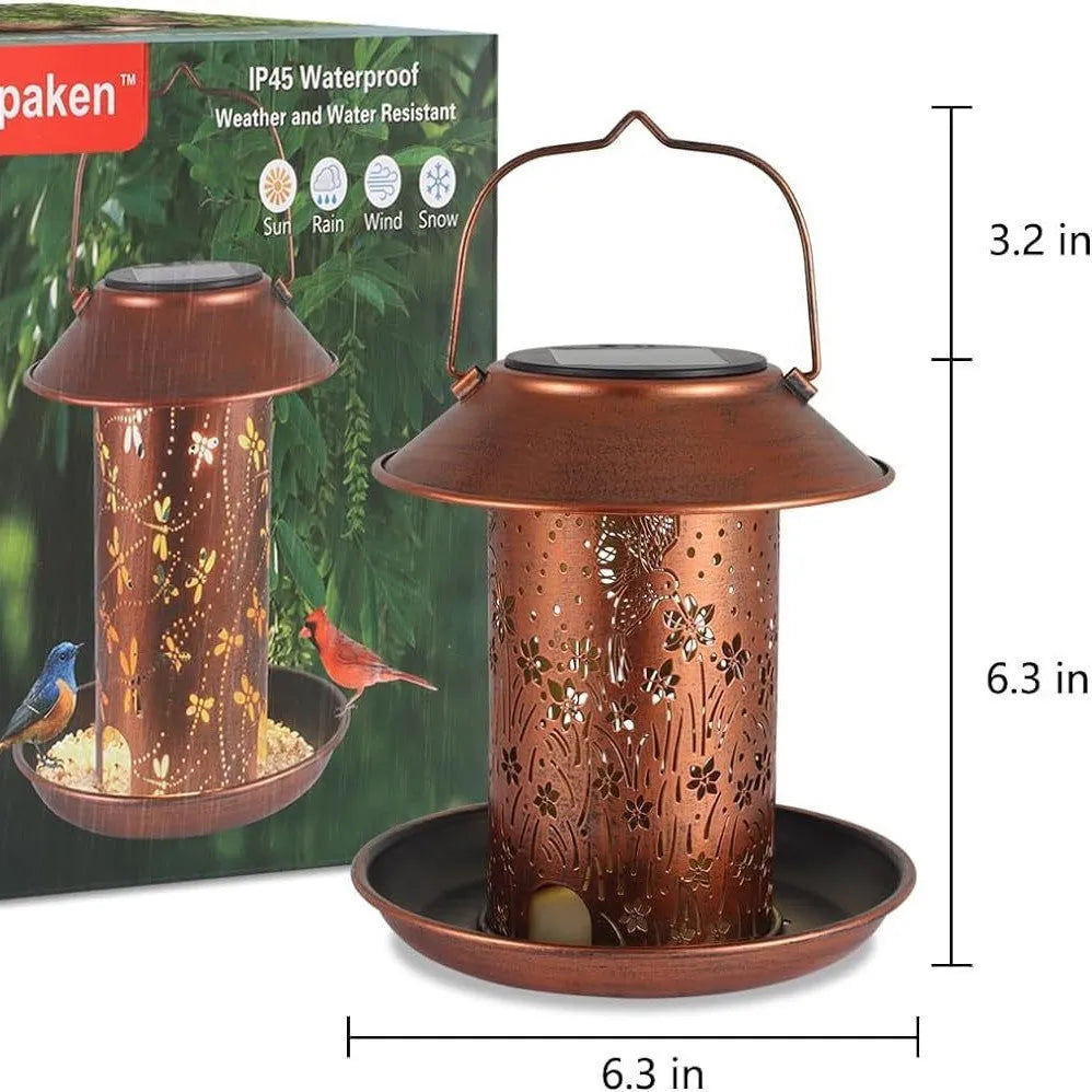 Iron art solar lamp feeder with hummingbird pattern design for garden lighting