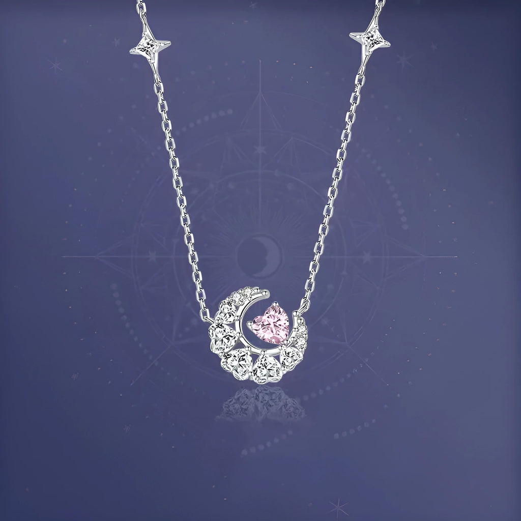 Stars and moon copper necklace with heart-shaped pendant on cross chain, pink or white diamond colour