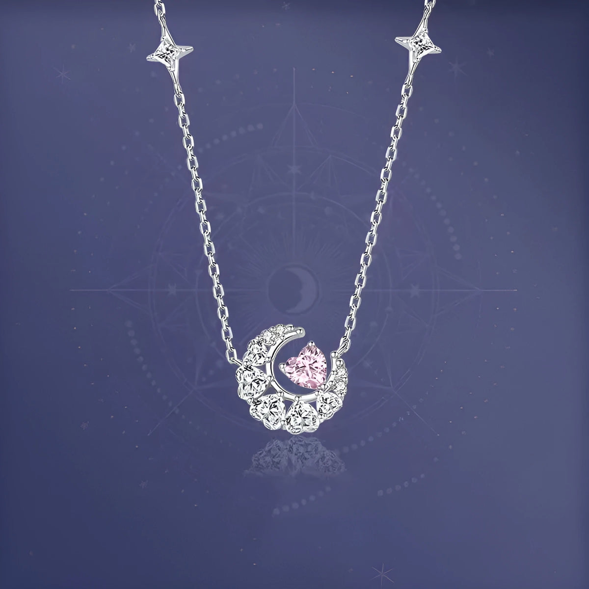 Stars and moon copper necklace with heart-shaped pendant on cross chain, pink or white diamond colour