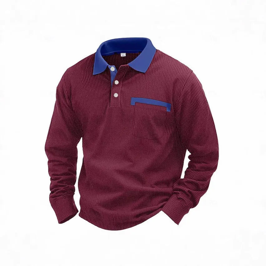 Men's long-sleeved waffle polo shirt with asymmetric design in wine red colour, showing texture detail and loose fit