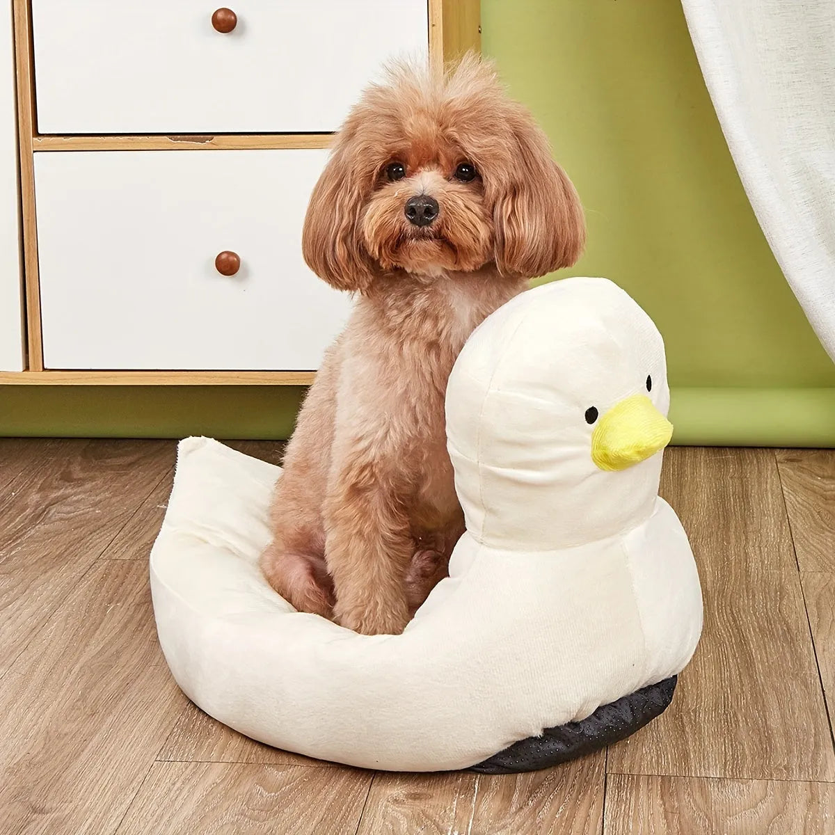 Duck-shaped pet bed sofa with fluffy polyester material in blue or white colour, showing raised sides and unique pattern design