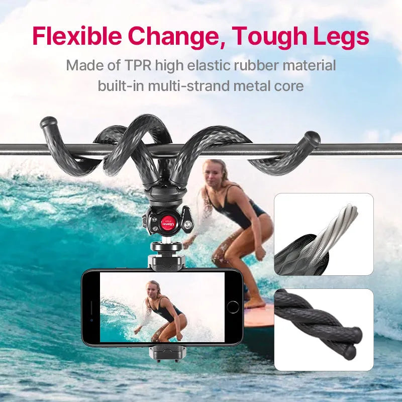 Black octopus-style mobile phone tripod extended to 360mm with smartphone attached via included clip